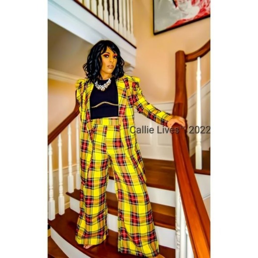 Callie Berry: Sunshine Yellow Puff Sleeve Plaid Oversized Palazzo Pant Medium - Picture 9 of 17